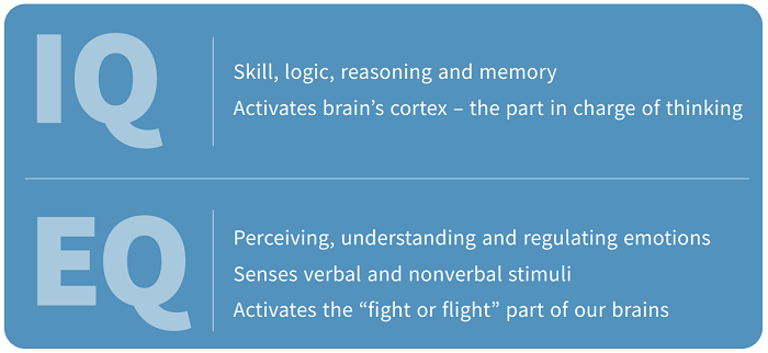 IQ refers to skill, logic, reasoning and memory; EQ relates to perceiving, understanding and regulating emotions.